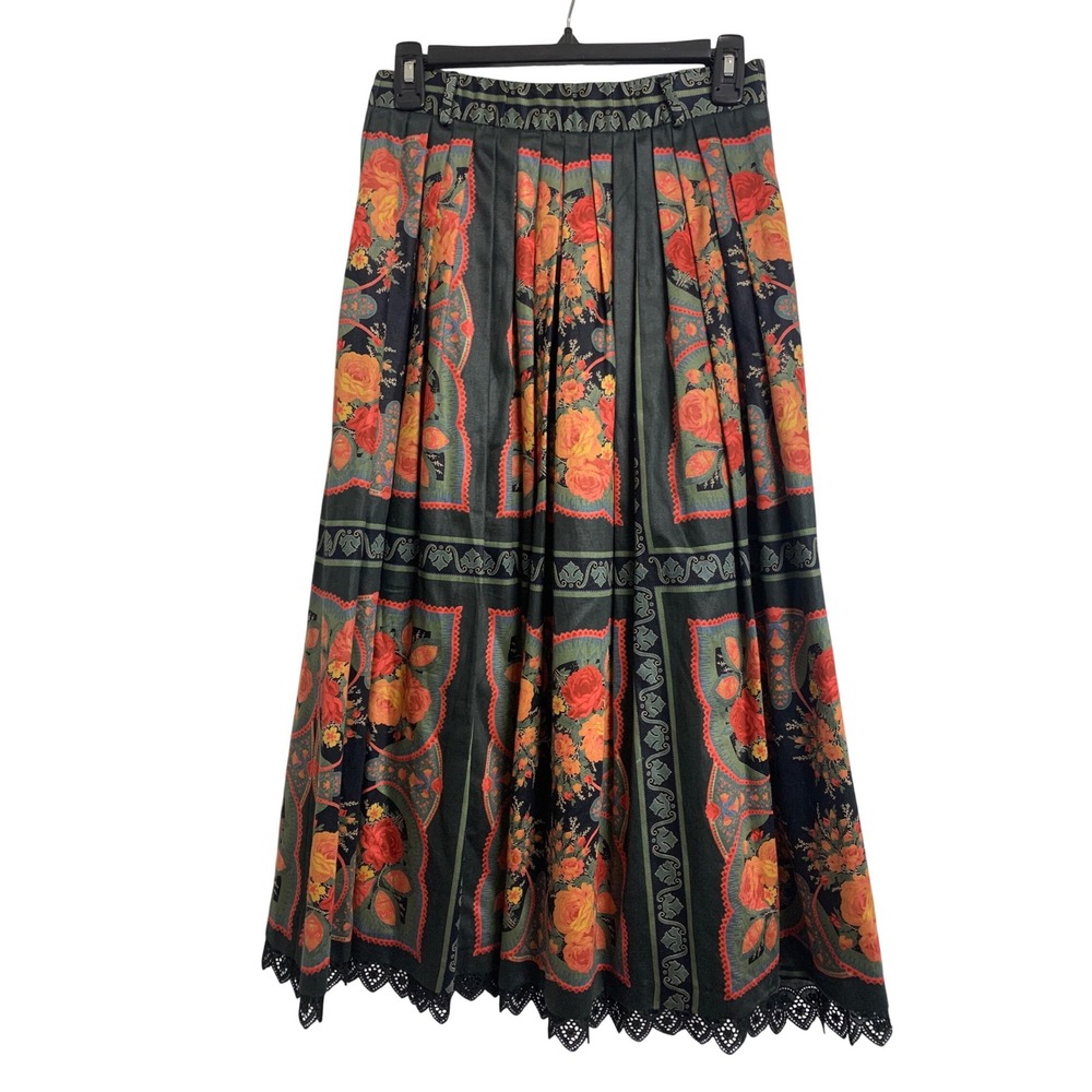 Vintage Floral Cotton Satin Pleated Midi Skirt Black Green Red Lace‎ Trim Size 6